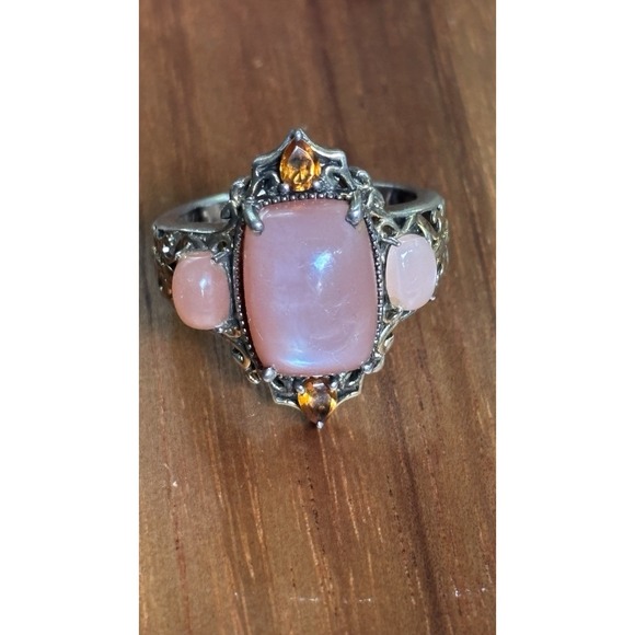 STS Jewelry - Natural Peach Moonstone And Citrine Sterling Silver Cocktail Ring Size 9.25